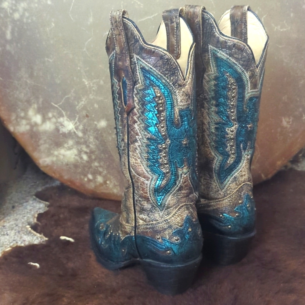 CORRAL R1232 distressed brown & turquoise studded Thunderbird cowgirl boots 6.5 - Picture 3 of 16